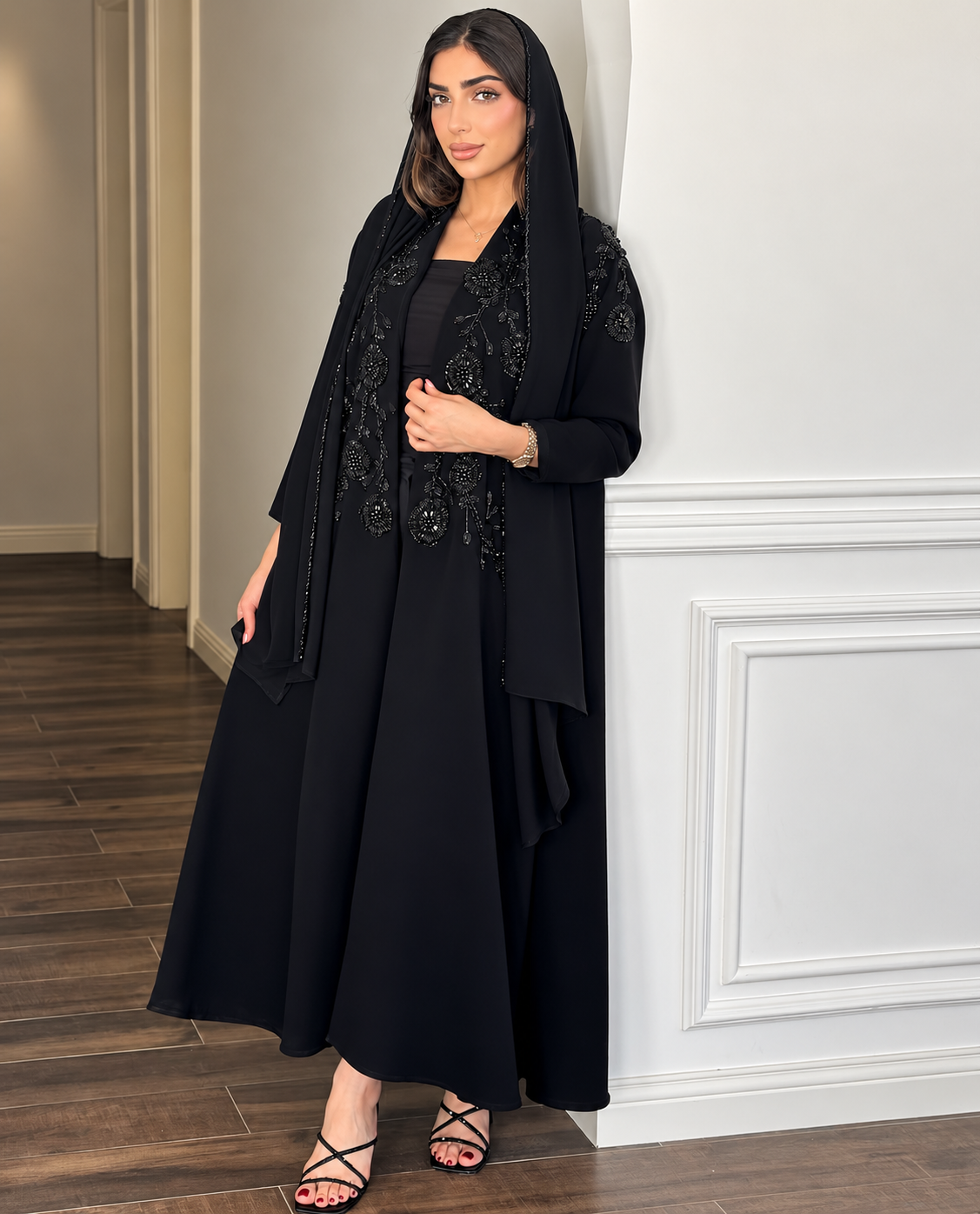 Black Hooded Abaya with Monochrome Floral Beaded Embroidery - 0926114