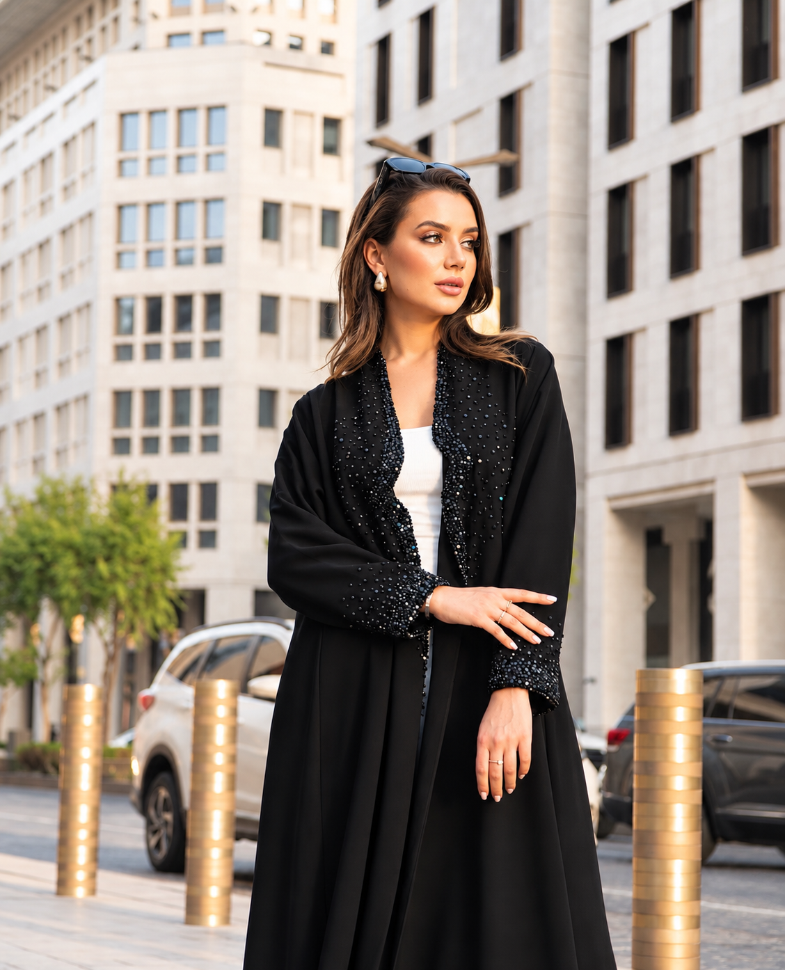 Black Beaded Open Abaya - 0926115