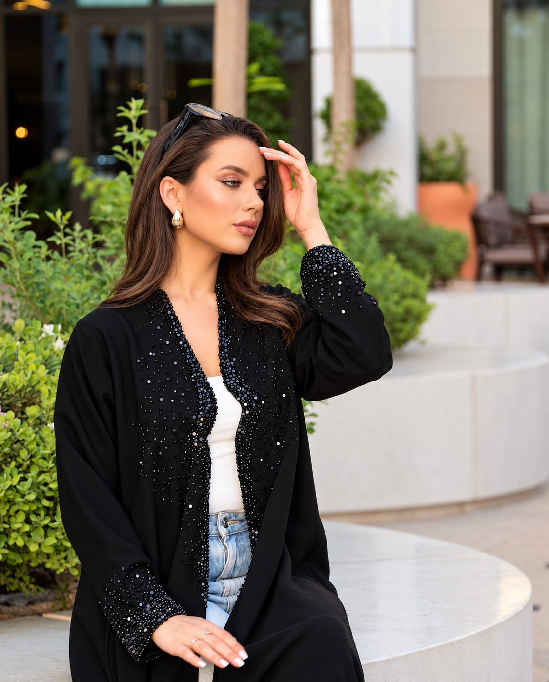 Black Beaded Open Abaya - 0926115