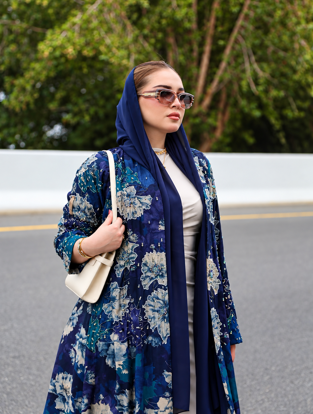 Navy Blue Floral Embellished Abaya - 0926117