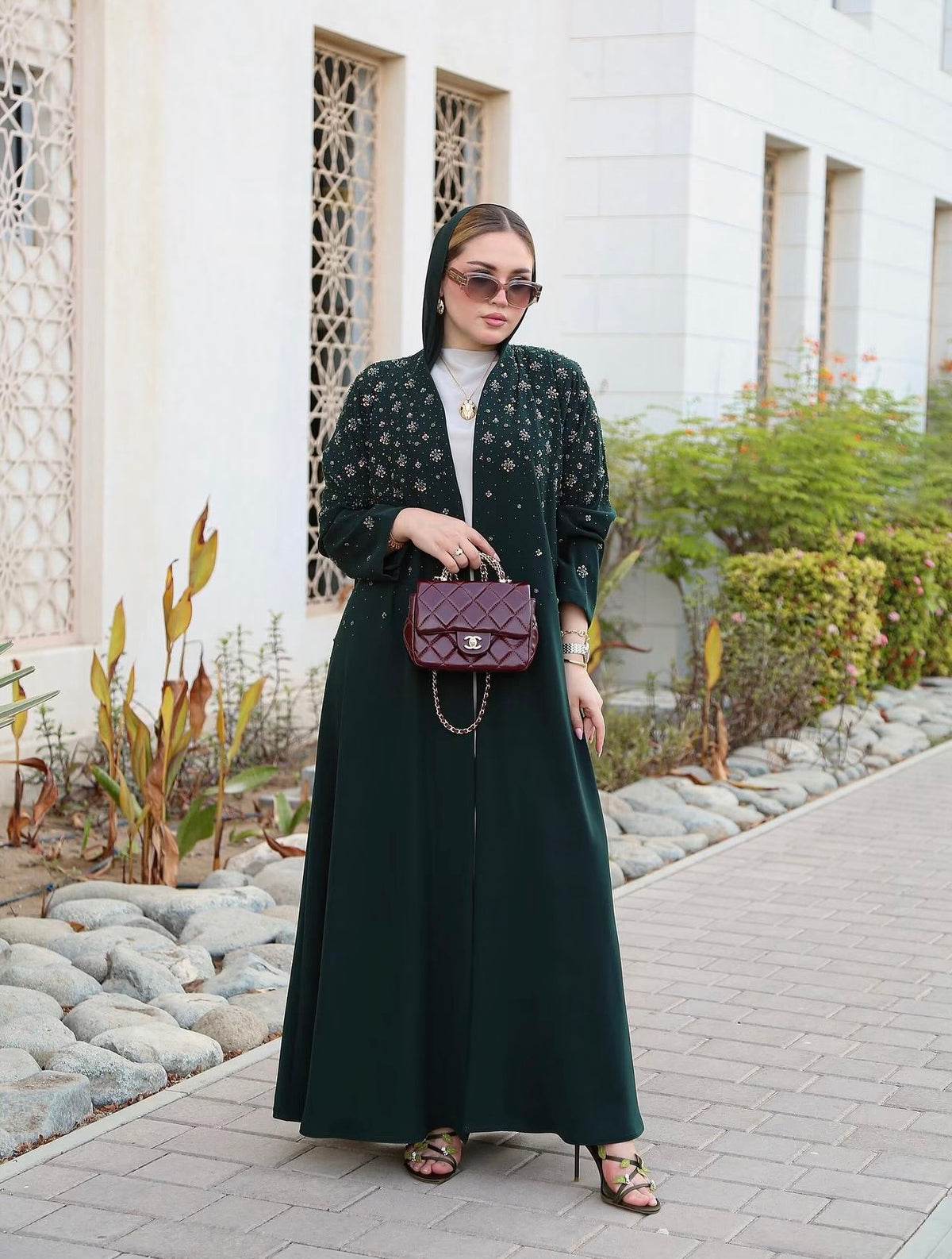 Emerald Green Floral Embellished Open Abaya - 0926118