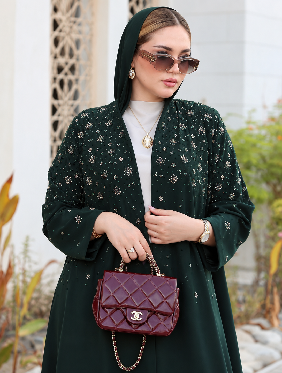 Emerald Green Floral Embellished Open Abaya - 0926118