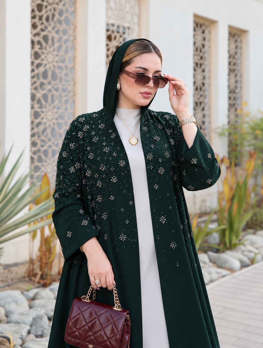 Emerald Green Floral Embellished Open Abaya - 0926118