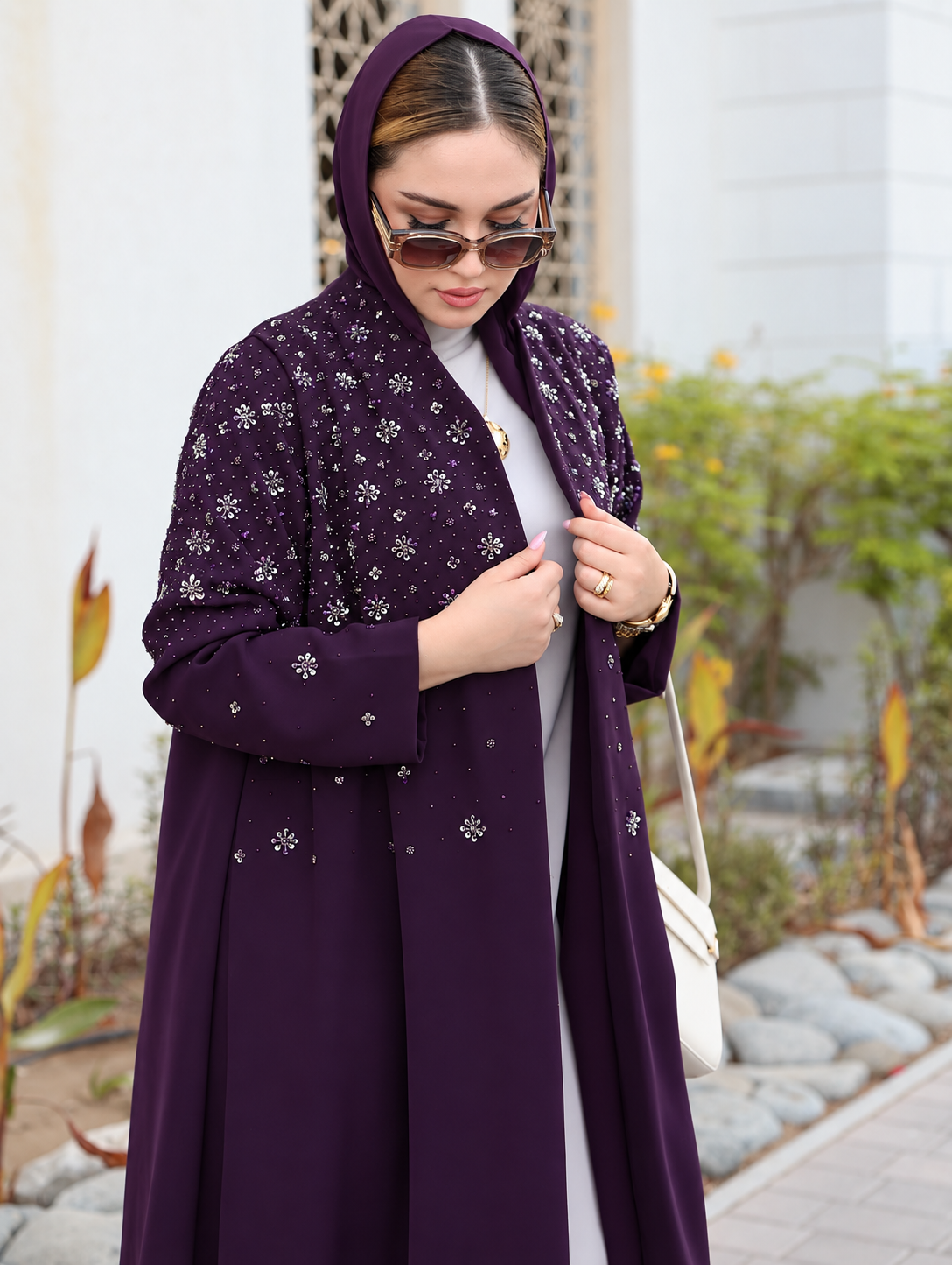 Royal Plum Floral Embellished Open Abaya - 0912119