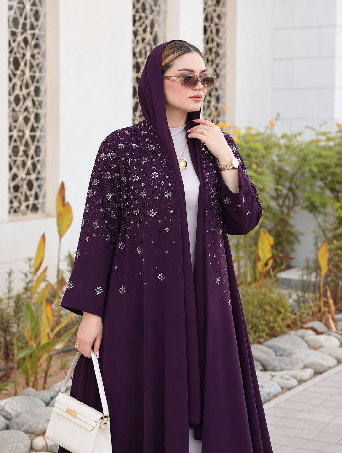 Royal Plum Floral Embellished Open Abaya - 0912119