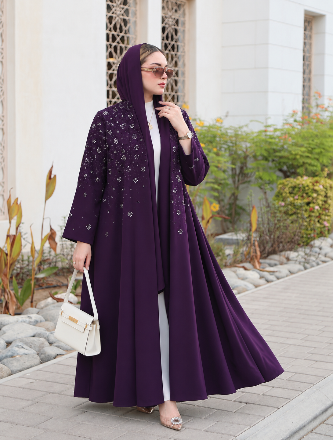 Royal Plum Floral Embellished Open Abaya - 0912119