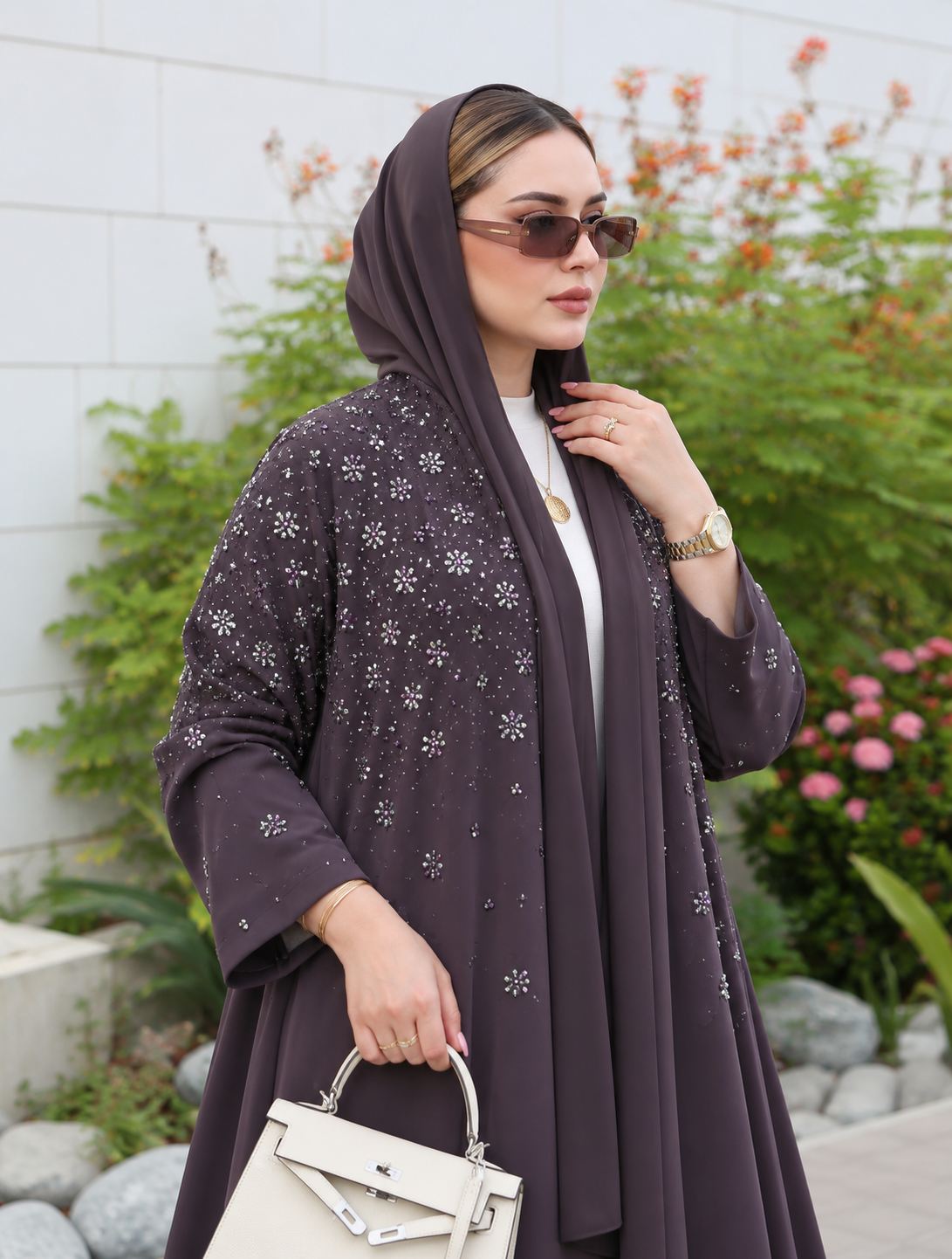 Smoky Mauve Floral Crystal Embellished Open Abaya - 0926120