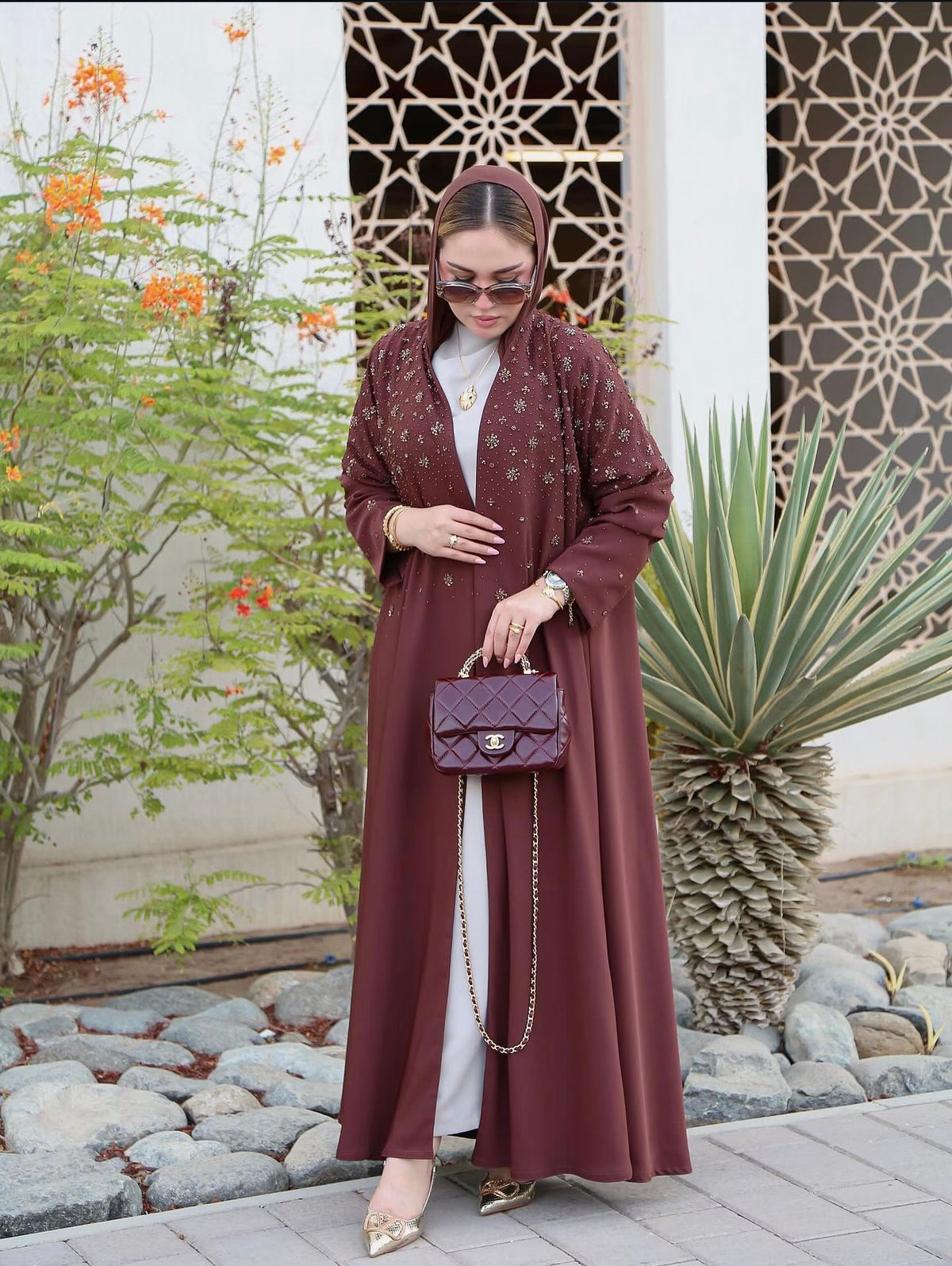 Cocoa Rose Embellished Open Abaya - 0926122