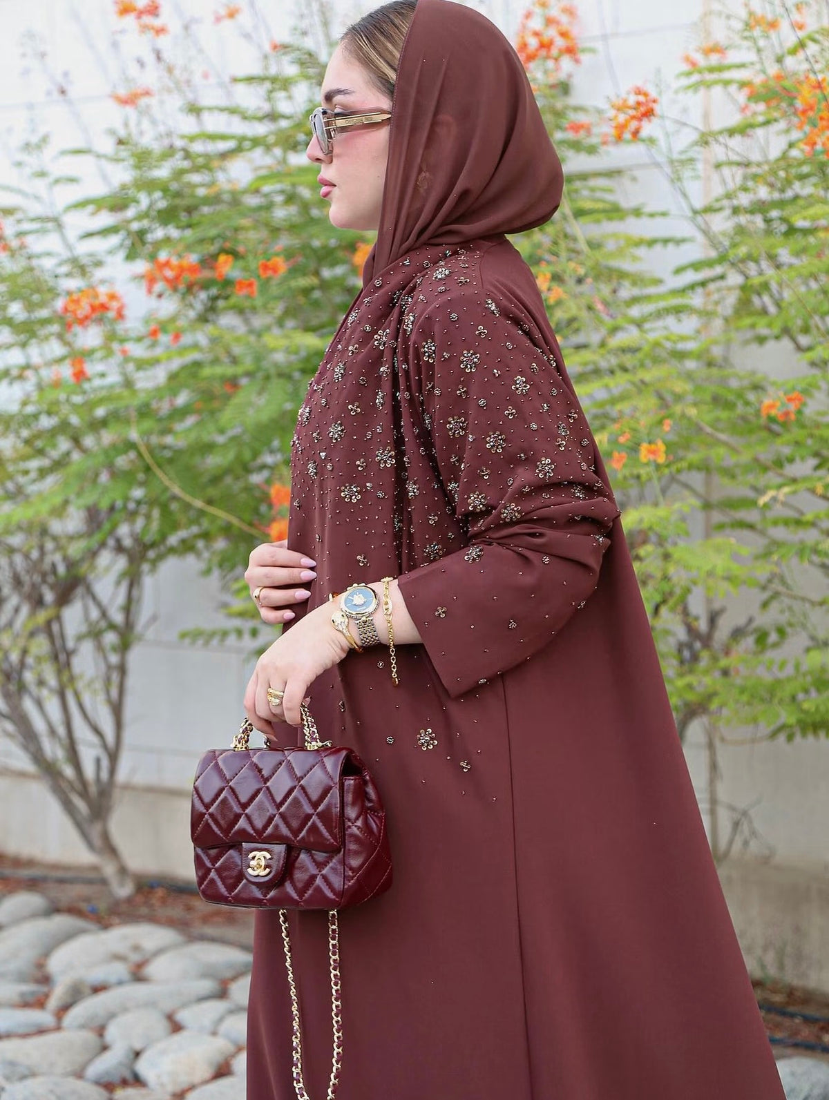Cocoa Rose Embellished Open Abaya - 0926122