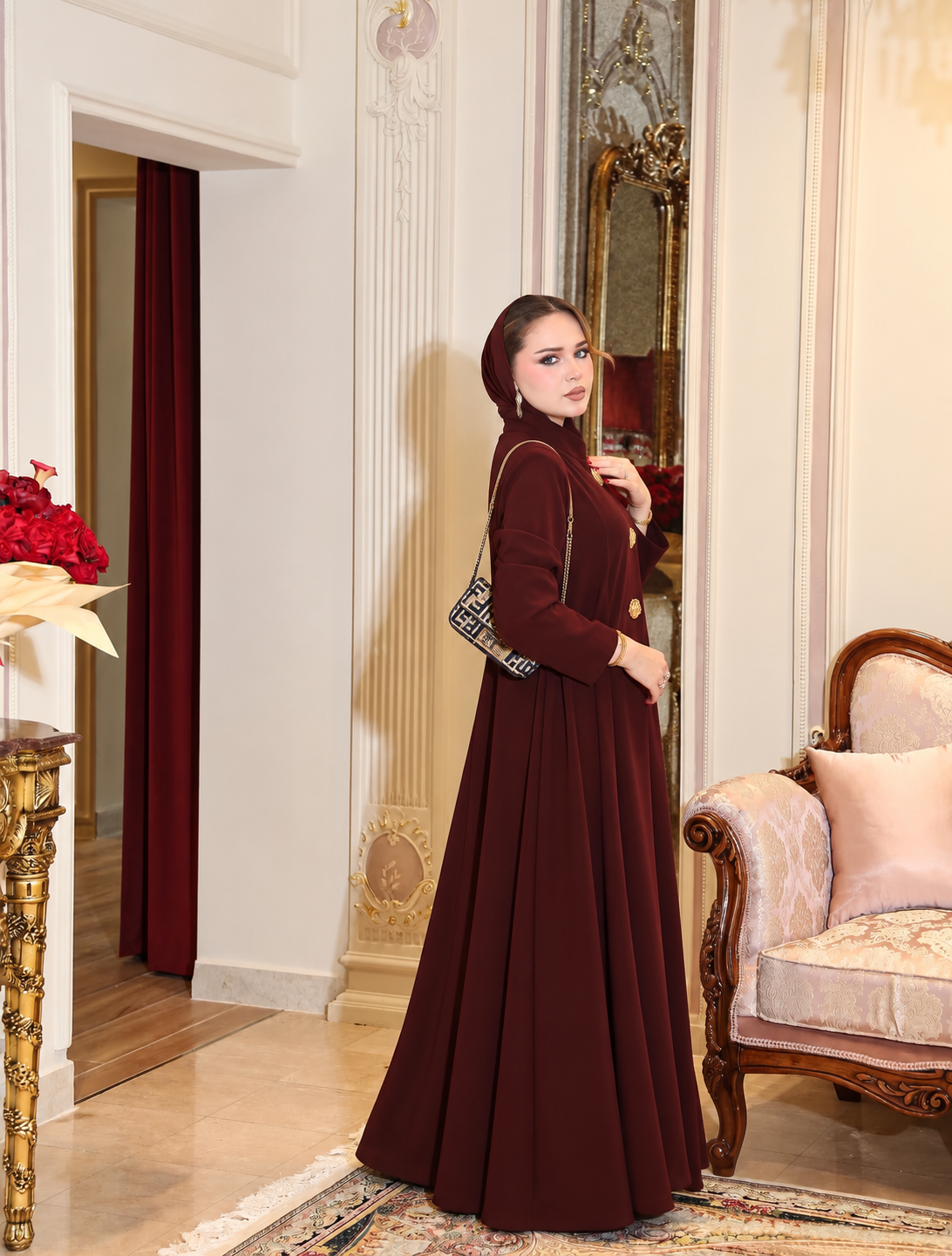 Burgundy Gold-Button Abaya - 0926126