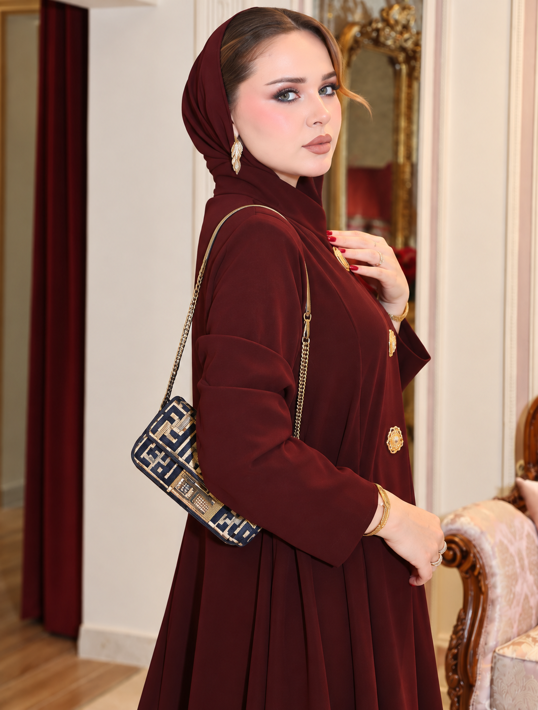 Burgundy Gold-Button Abaya - 0926126