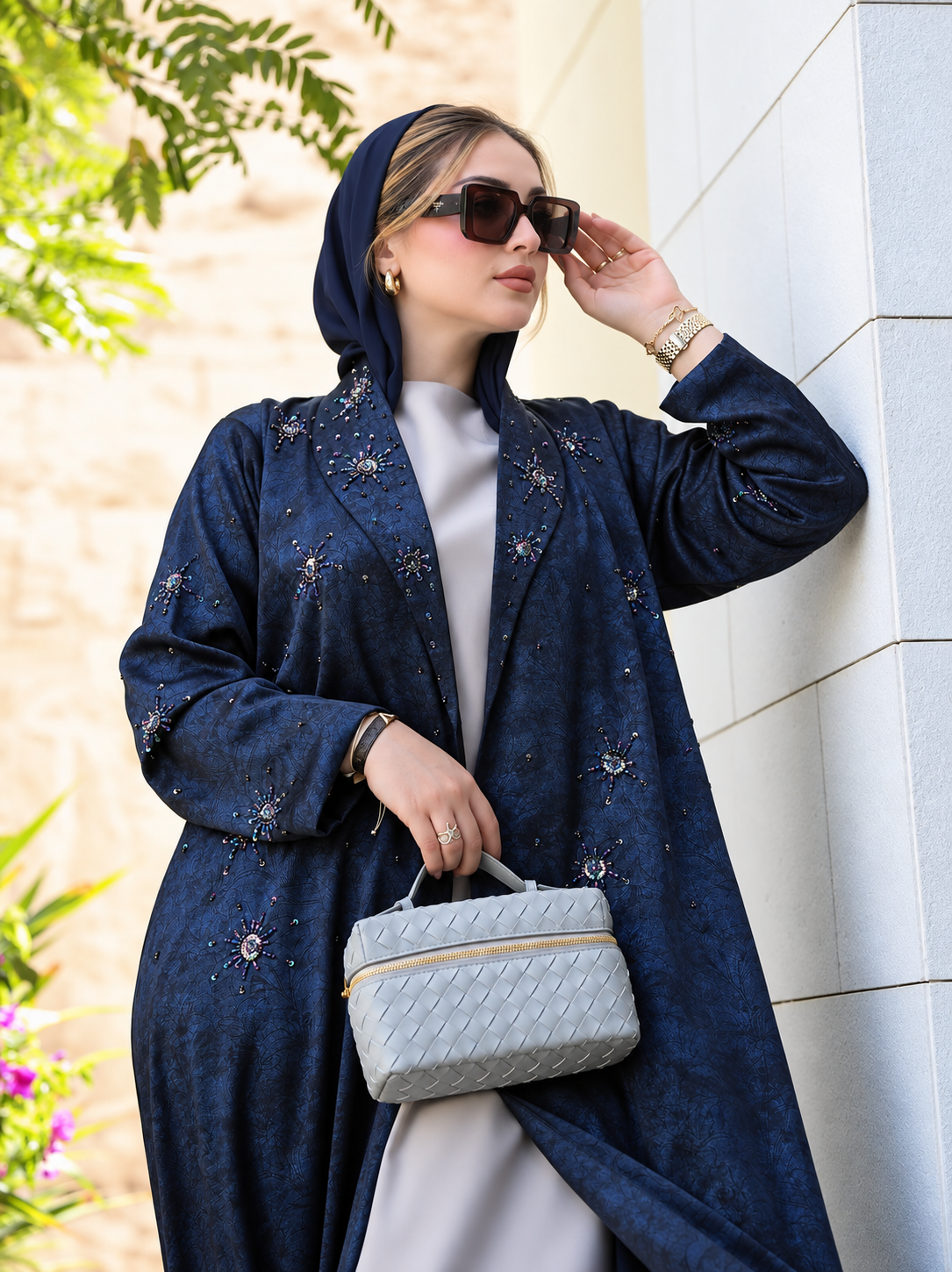 Midnight Navy Embellished Jacquard Abaya - 0926125