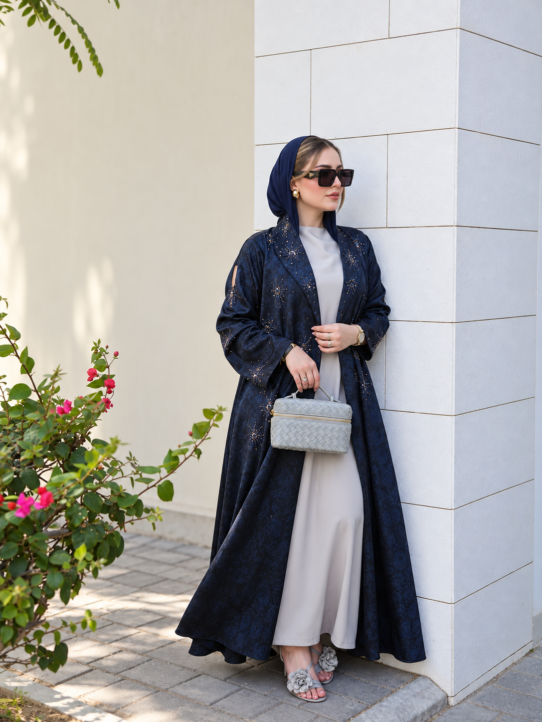 Midnight Navy Embellished Jacquard Abaya - 0926125