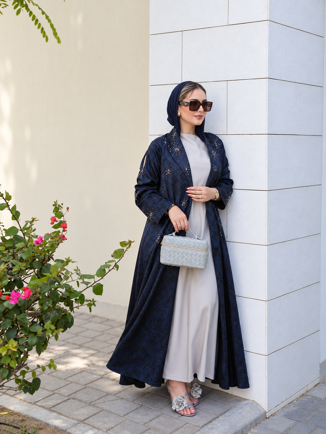 Midnight Navy Embellished Jacquard Abaya - 0926125