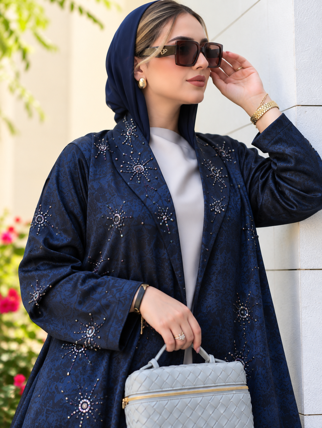 Midnight Navy Embellished Jacquard Abaya - 0926125