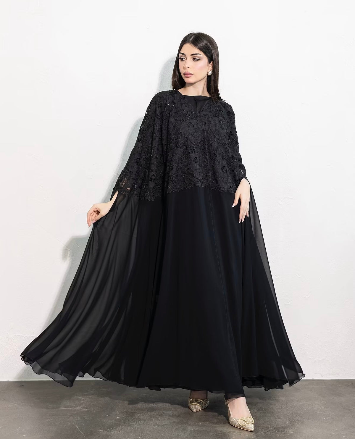 Midnight Black Lace Overlay Flared Abaya - 0926124