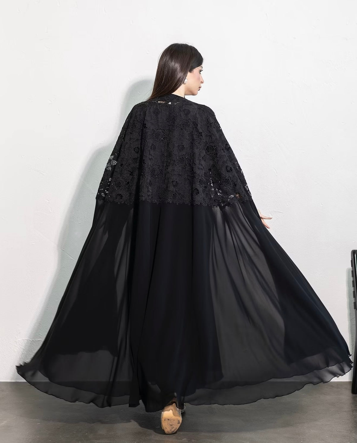 Midnight Black Lace Overlay Flared Abaya - 0926124