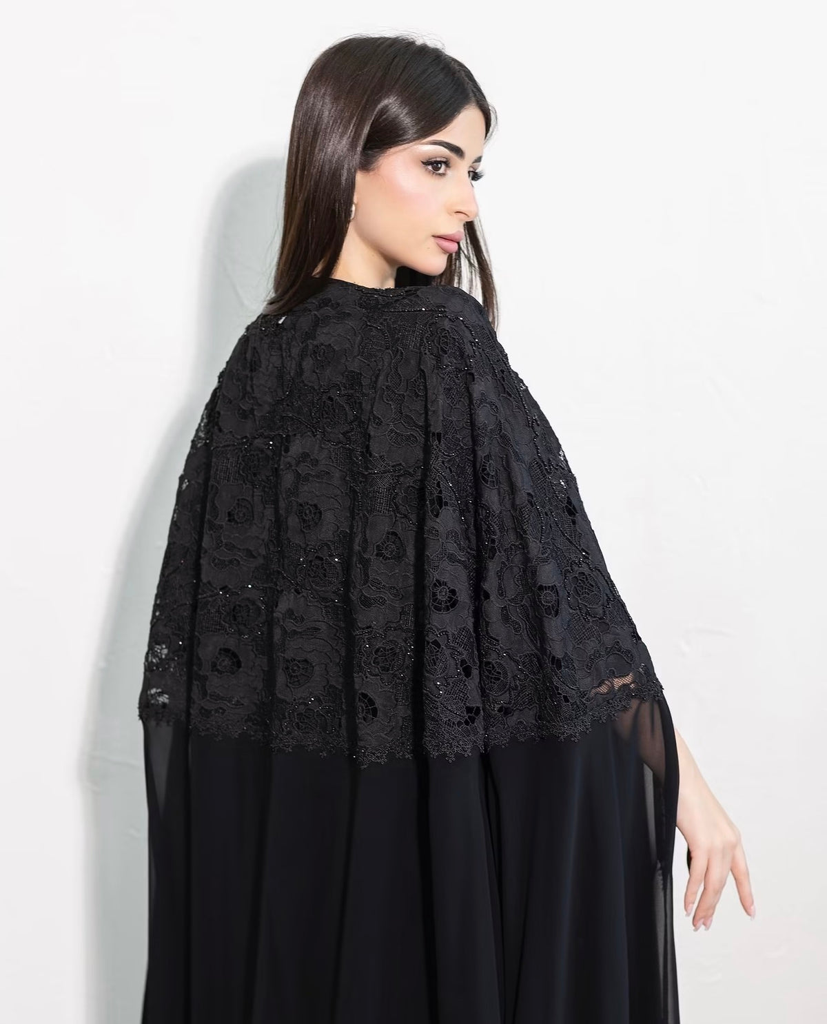 Midnight Black Lace Overlay Flared Abaya - 0926124