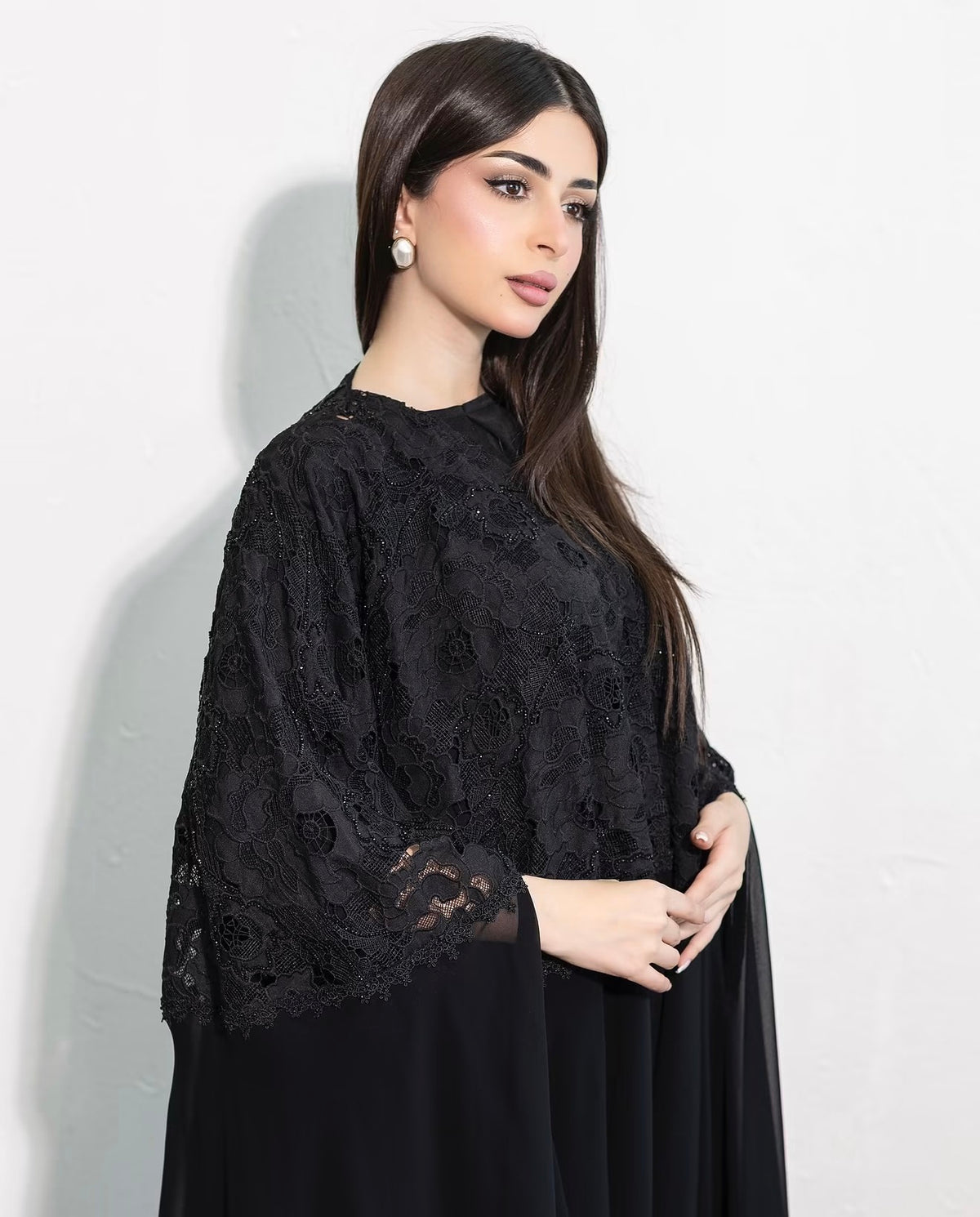 Midnight Black Lace Overlay Flared Abaya - 0926124