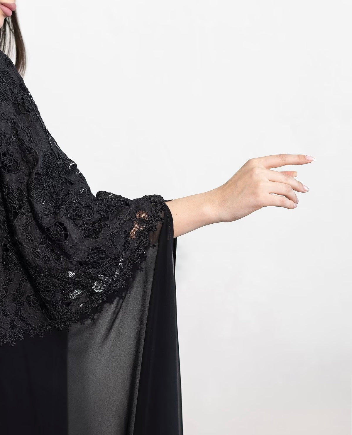 Midnight Black Lace Overlay Flared Abaya - 0926124