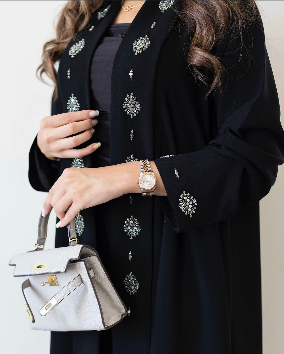 Midnight Noir Crystal Floral Open Abaya - 0926123
