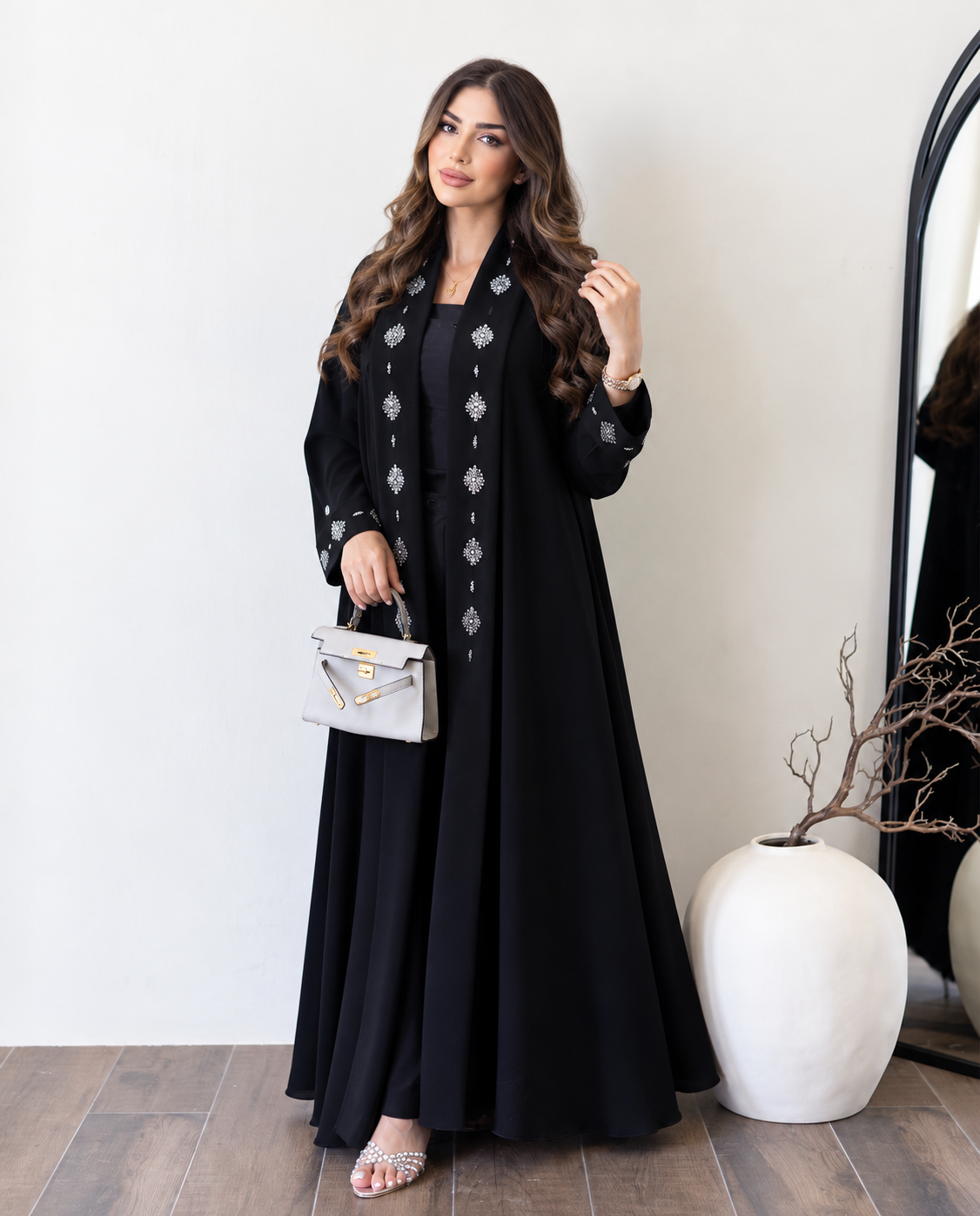 Midnight Noir Crystal Floral Open Abaya - 0926123