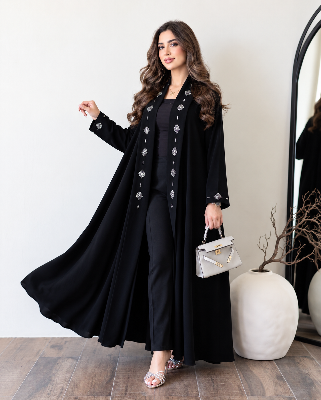 Midnight Noir Crystal Floral Open Abaya - 0926123