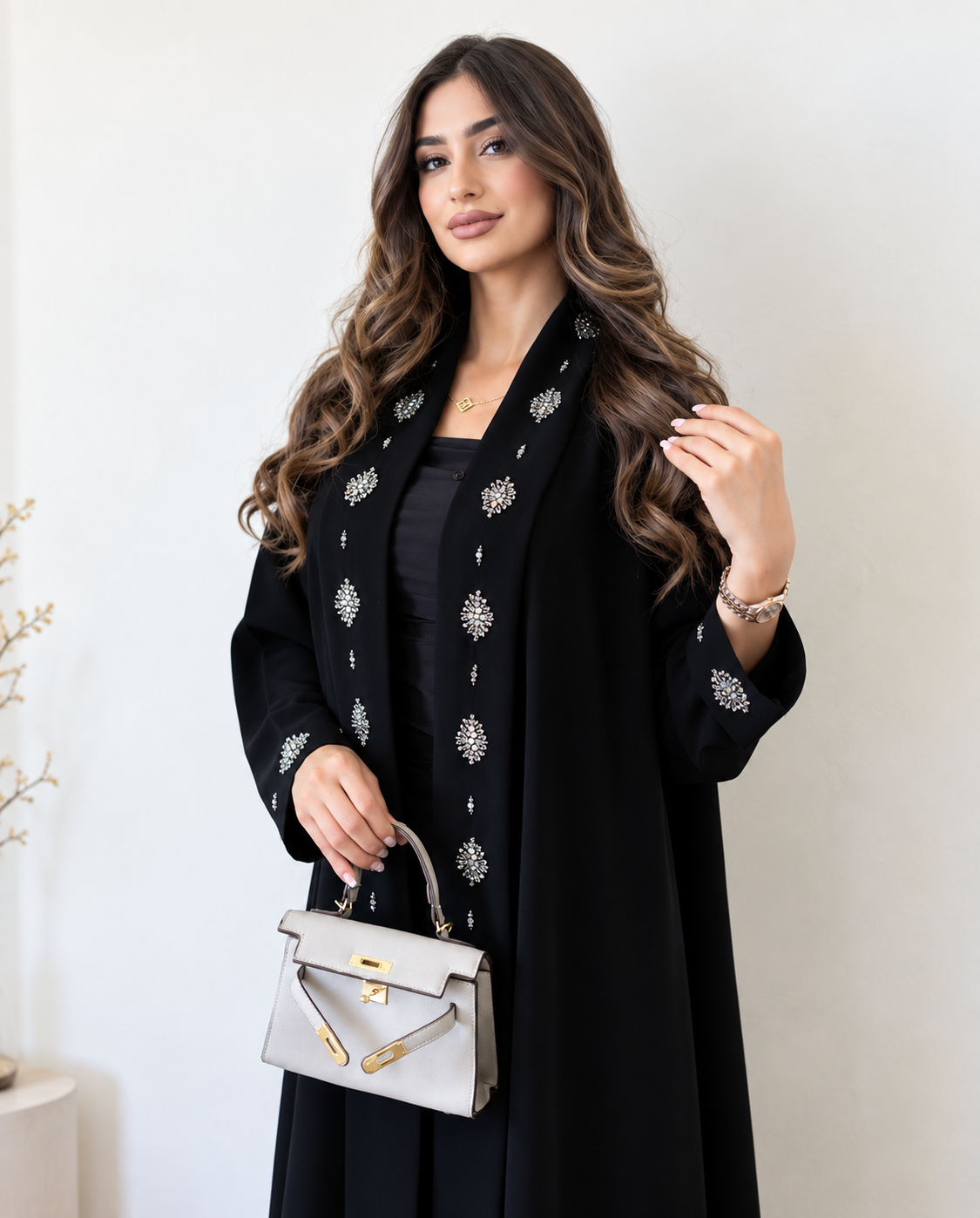 Midnight Noir Crystal Floral Open Abaya - 0926123