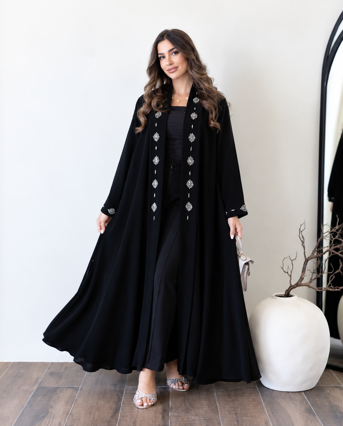 Midnight Noir Crystal Floral Open Abaya - 0926123