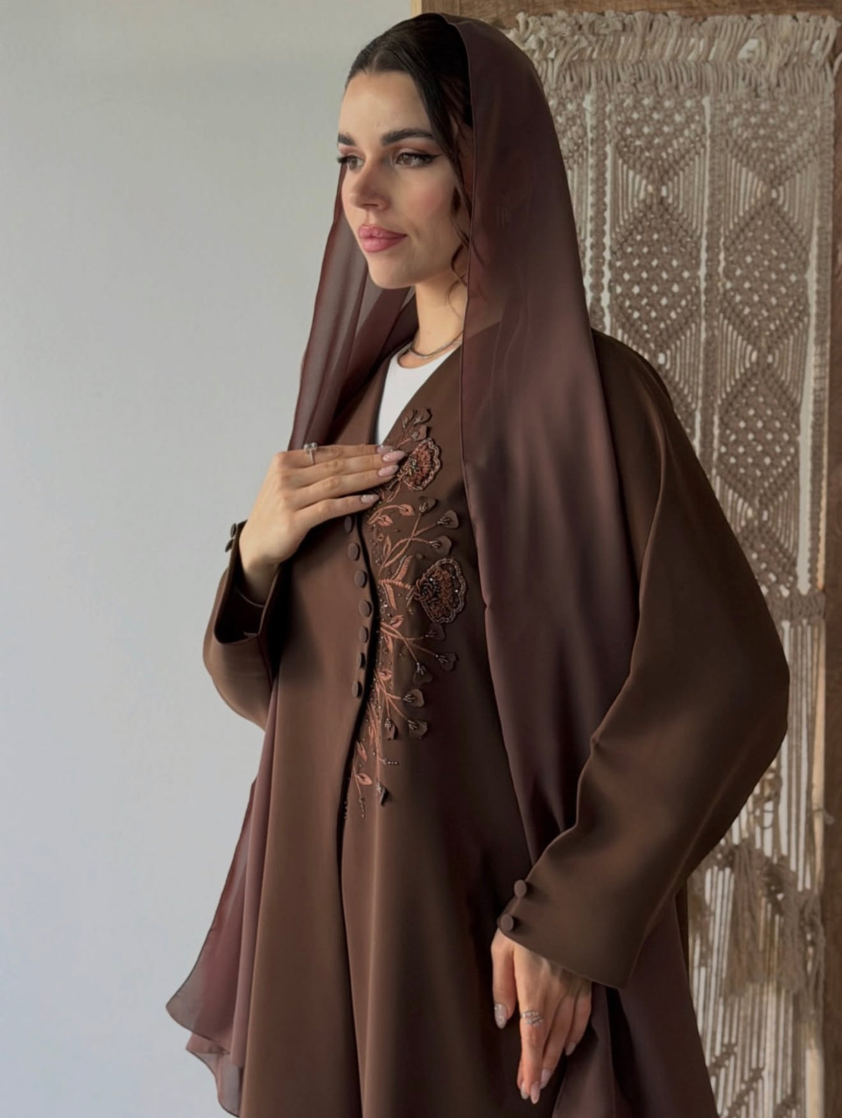 Mocha Brown Floral Embroidered Hooded Abaya - 0926135