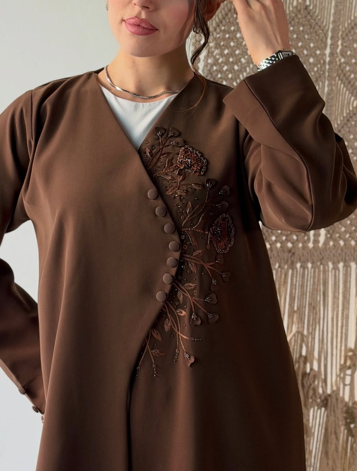 Mocha Brown Floral Embroidered Hooded Abaya - 0926135