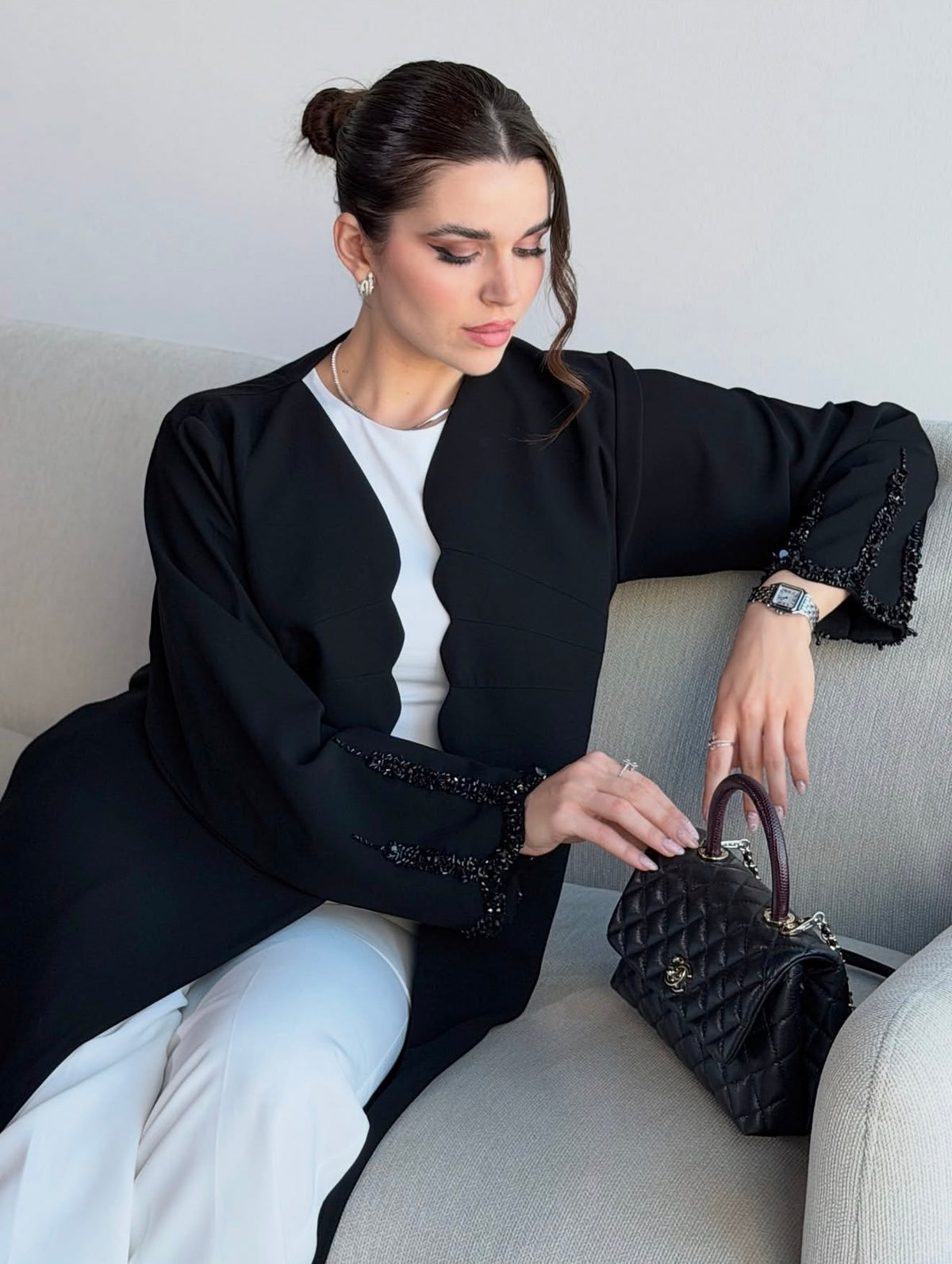 Black Beaded Edge Open-Front Abaya - 0926130