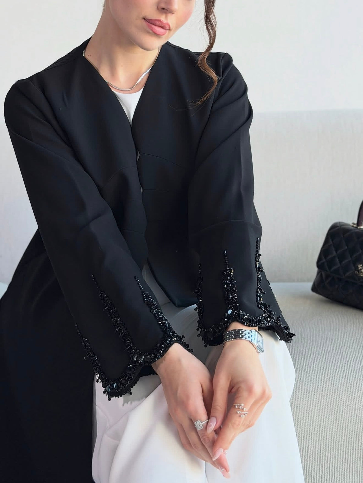 Black Beaded Edge Open-Front Abaya - 0926130