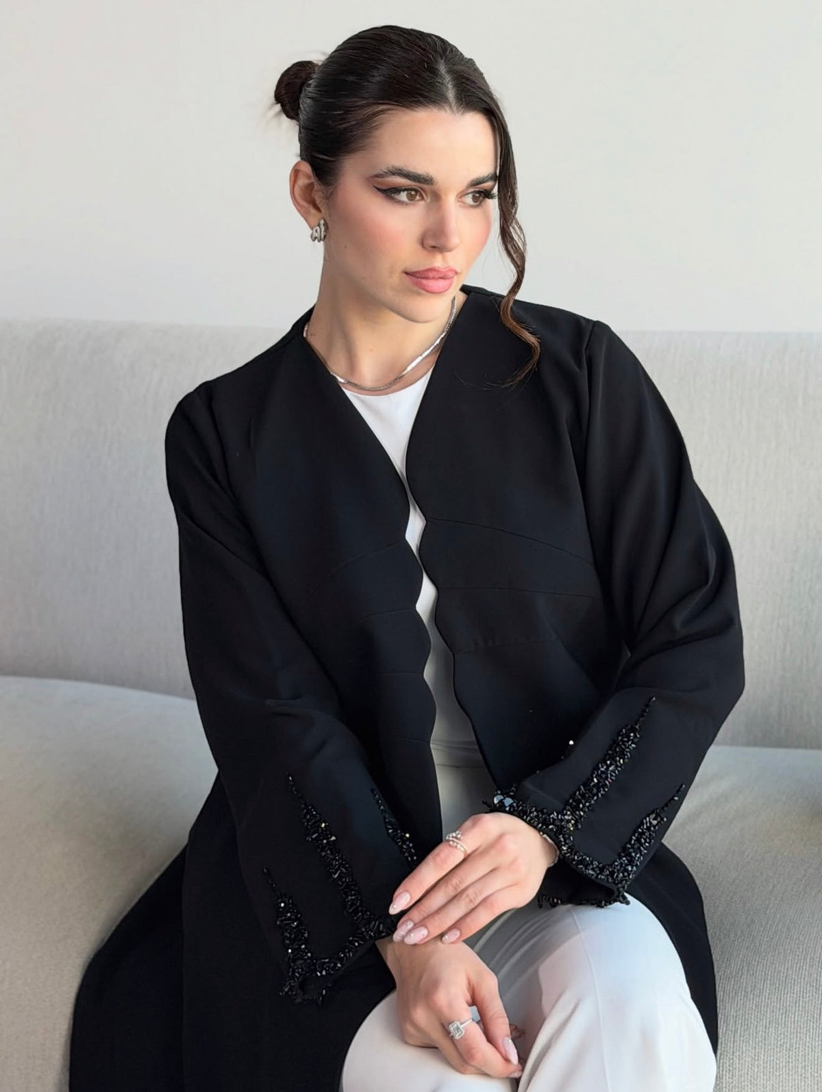 Black Beaded Edge Open-Front Abaya - 0926130