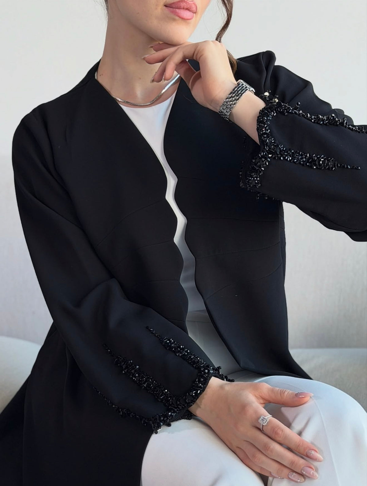 Black Beaded Edge Open-Front Abaya - 0926130