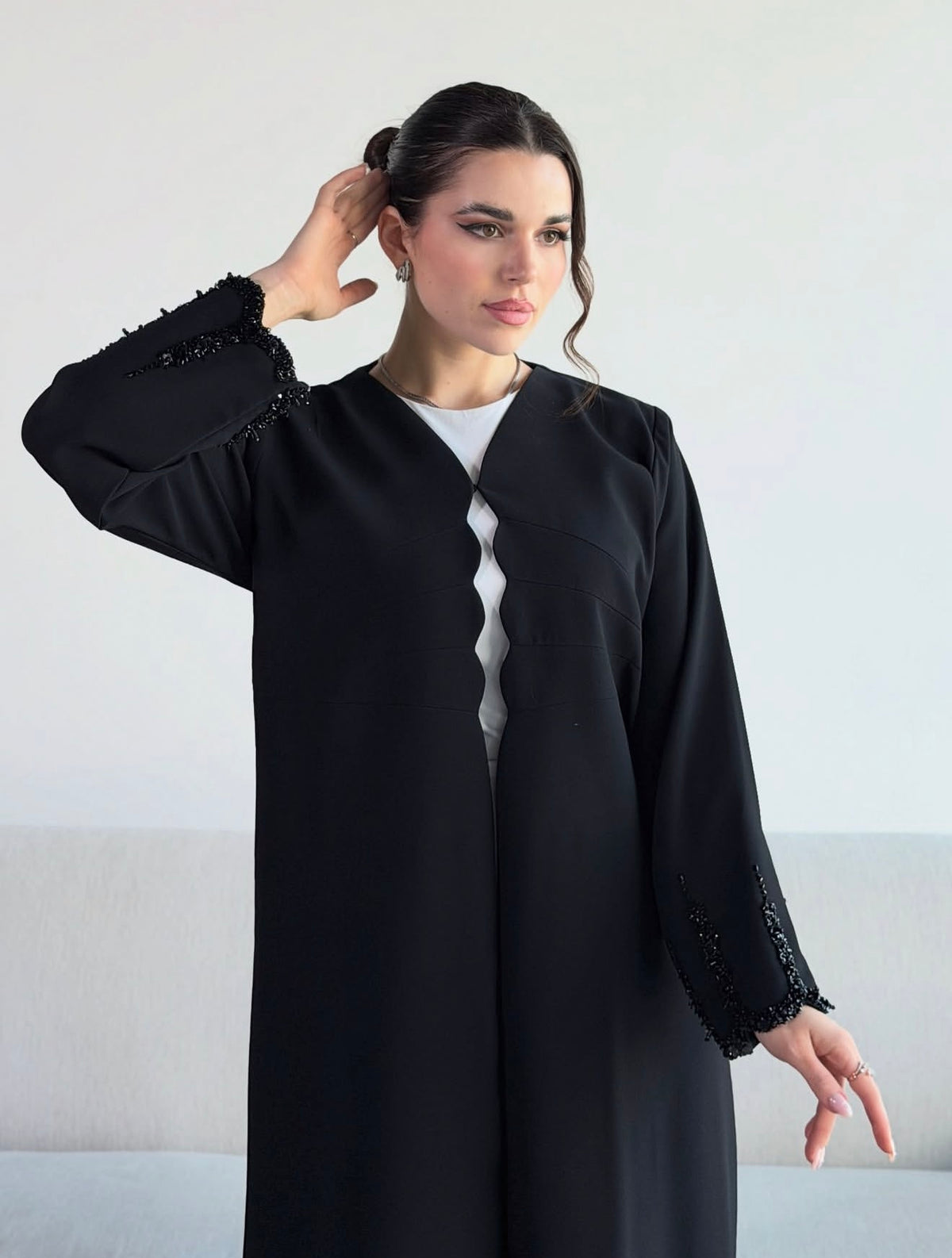 Black Beaded Edge Open-Front Abaya - 0926130