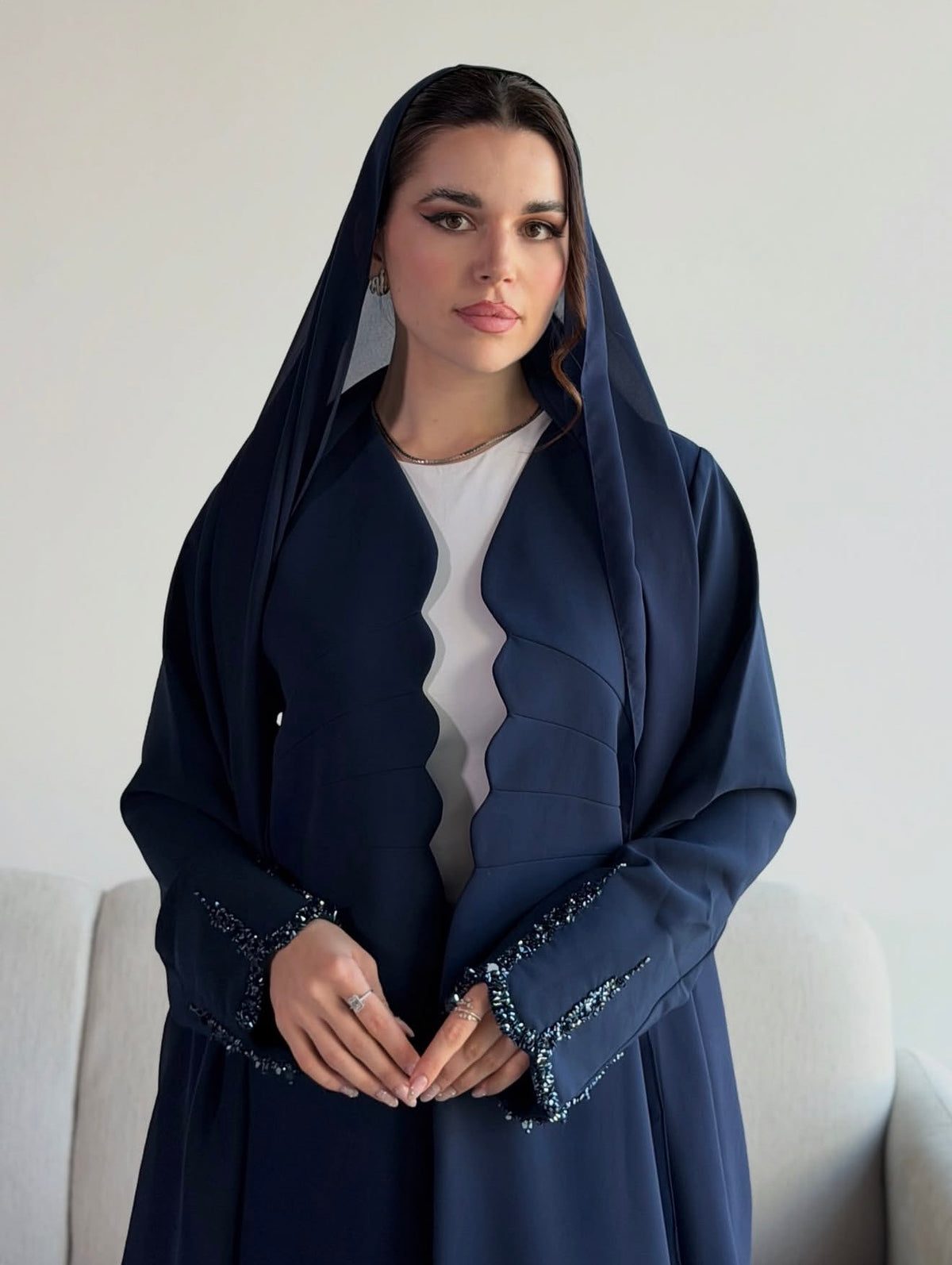 Midnight Navy Beaded Sleeve Open-Front Abaya - 0926131