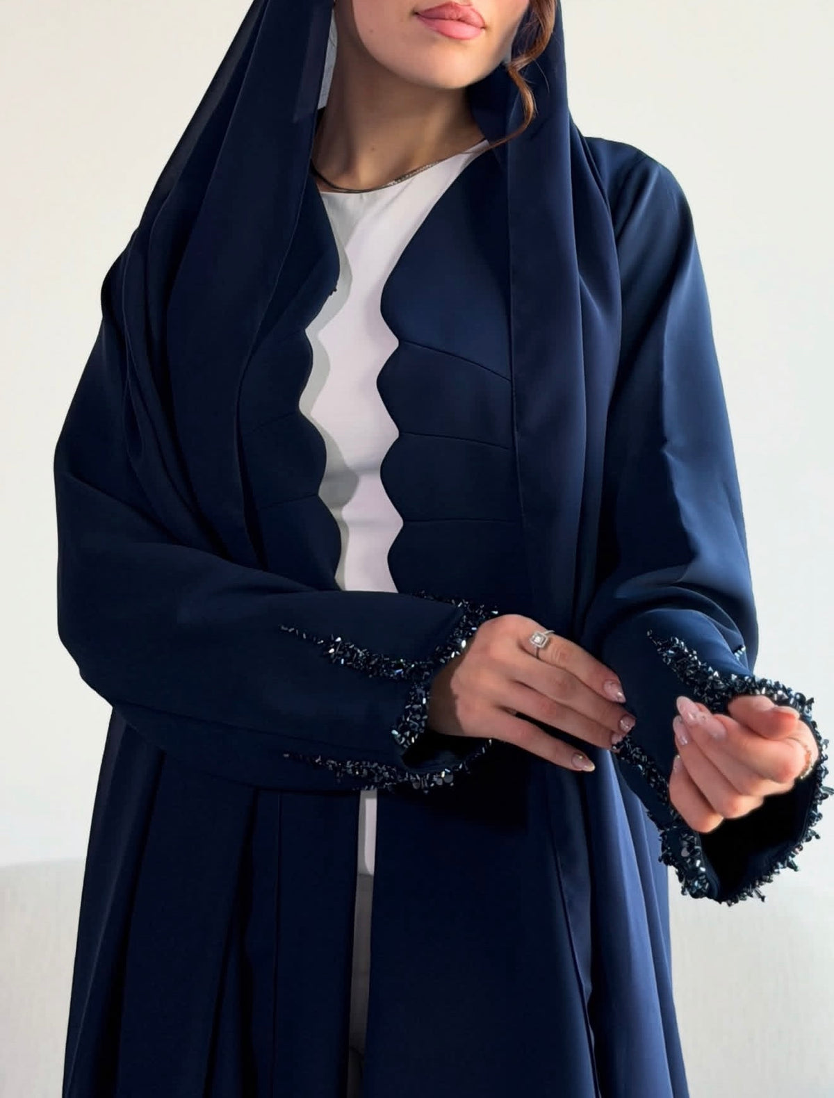 Midnight Navy Beaded Sleeve Open-Front Abaya - 0926131