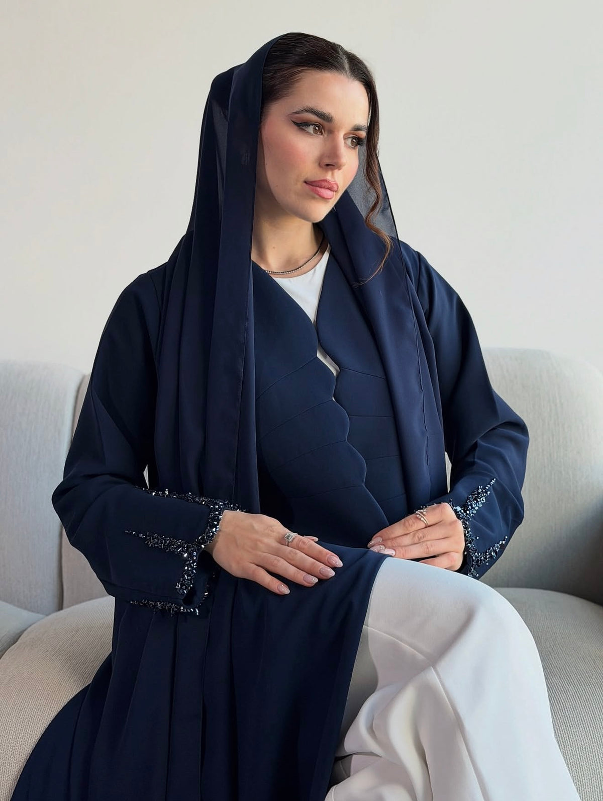 Midnight Navy Beaded Sleeve Open-Front Abaya - 0926131