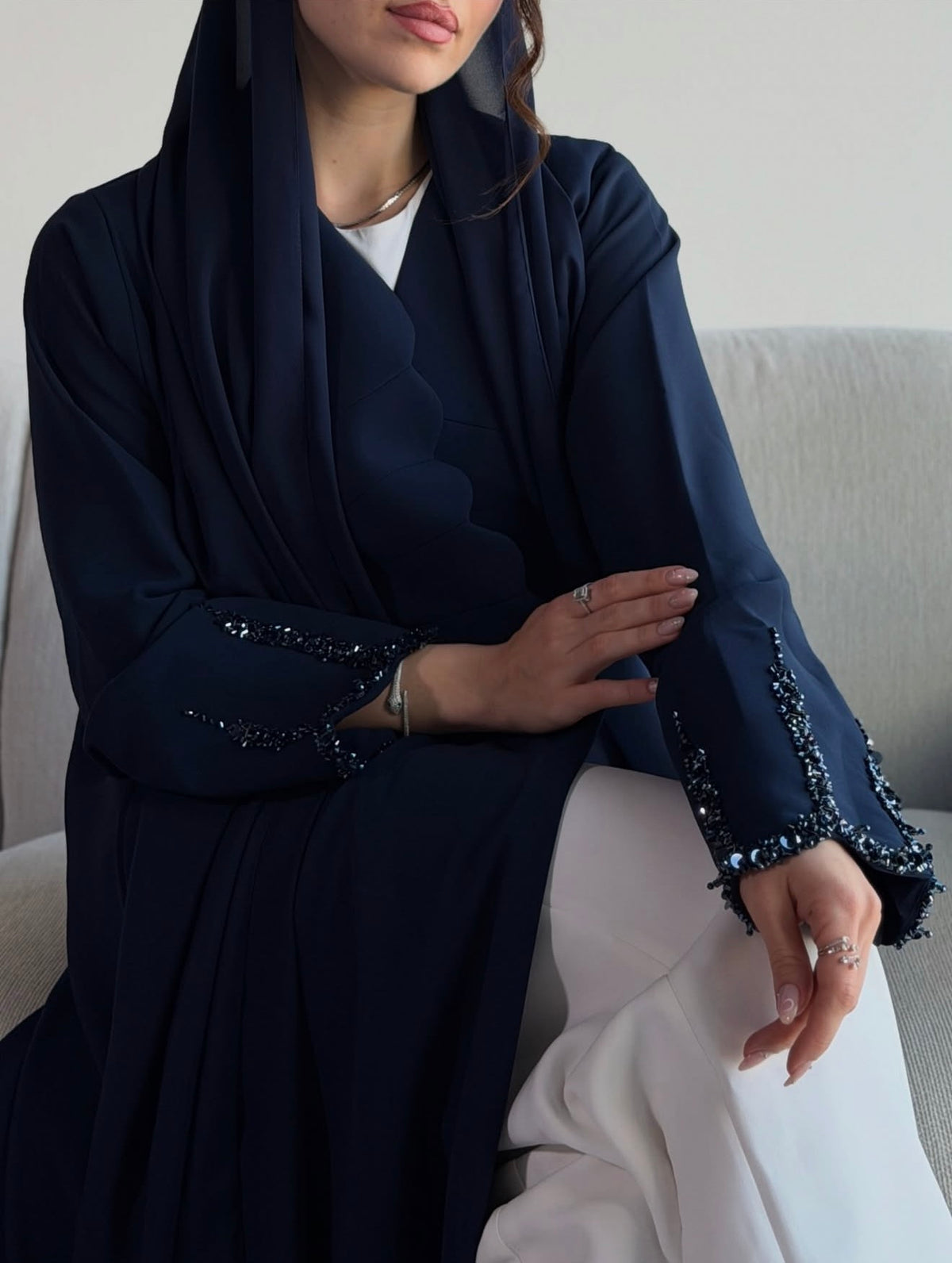 Midnight Navy Beaded Sleeve Open-Front Abaya - 0926131