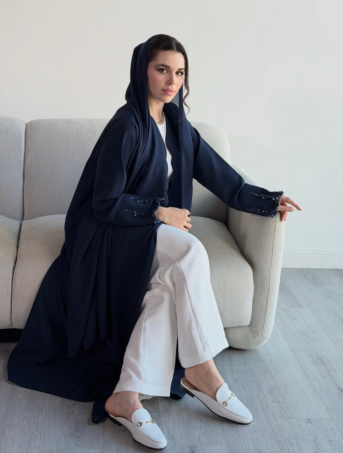 Midnight Navy Beaded Sleeve Open-Front Abaya - 0926131