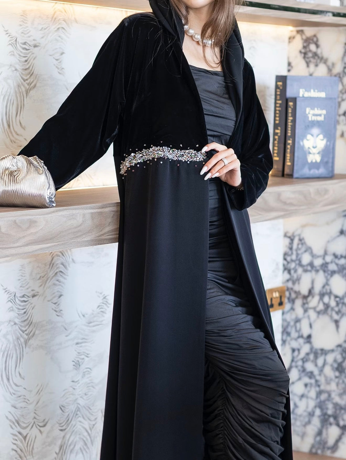 Black Crystal-Band Open Abaya - 0926132