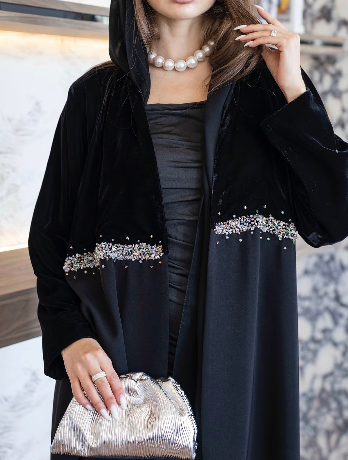 Black Crystal-Band Open Abaya - 0926132