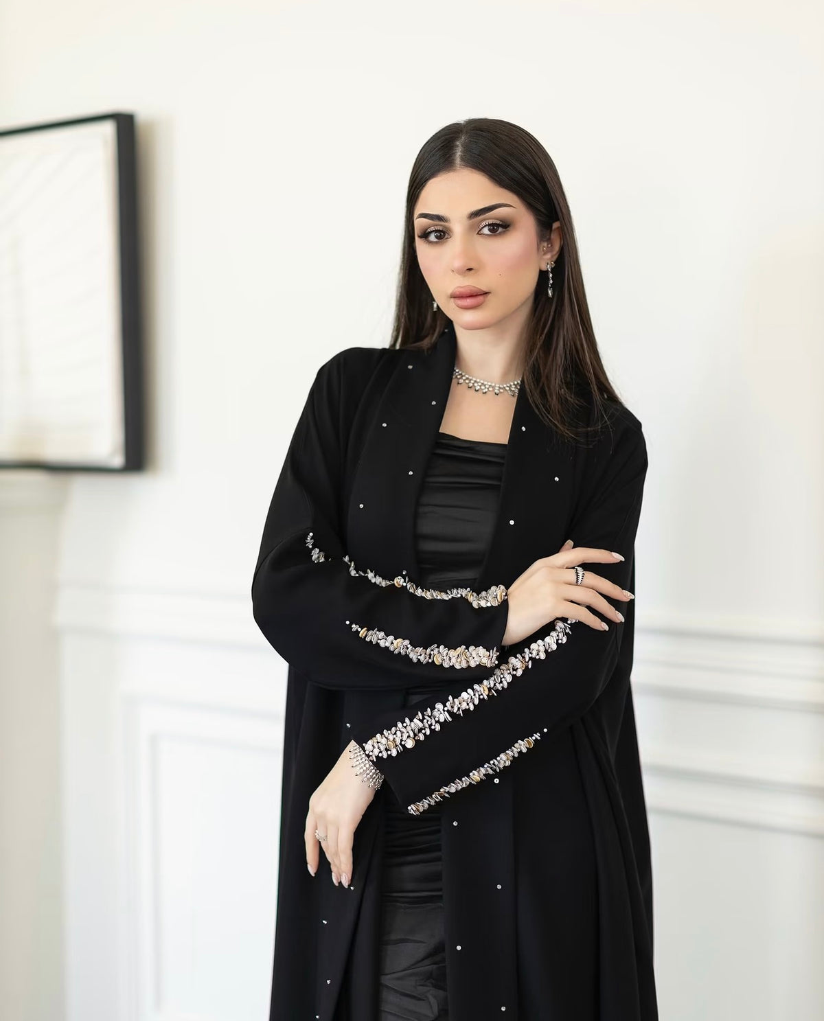 Black Pearl &amp; Crystal Trim Open-Front Abaya - 0926129