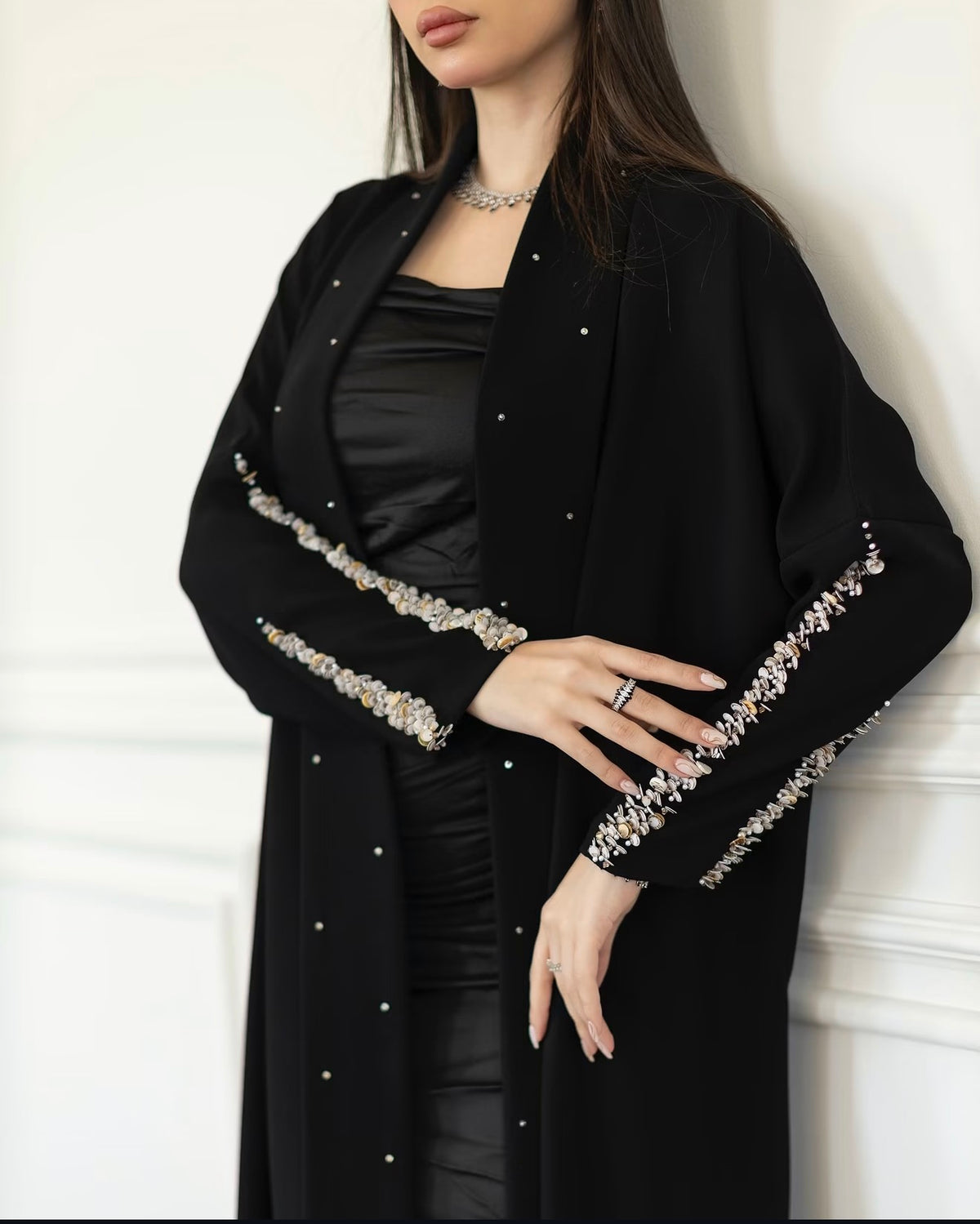 Black Pearl &amp; Crystal Trim Open-Front Abaya - 0926129