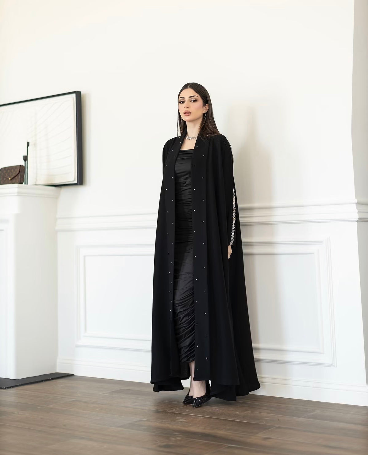 Black Pearl &amp; Crystal Trim Open-Front Abaya - 0926129
