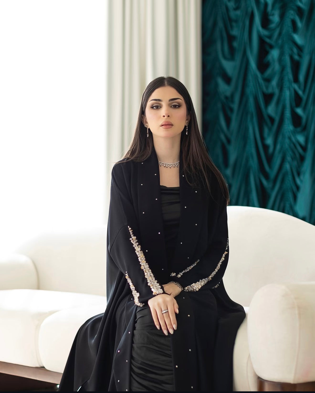 Black Pearl &amp; Crystal Trim Open-Front Abaya - 0926129
