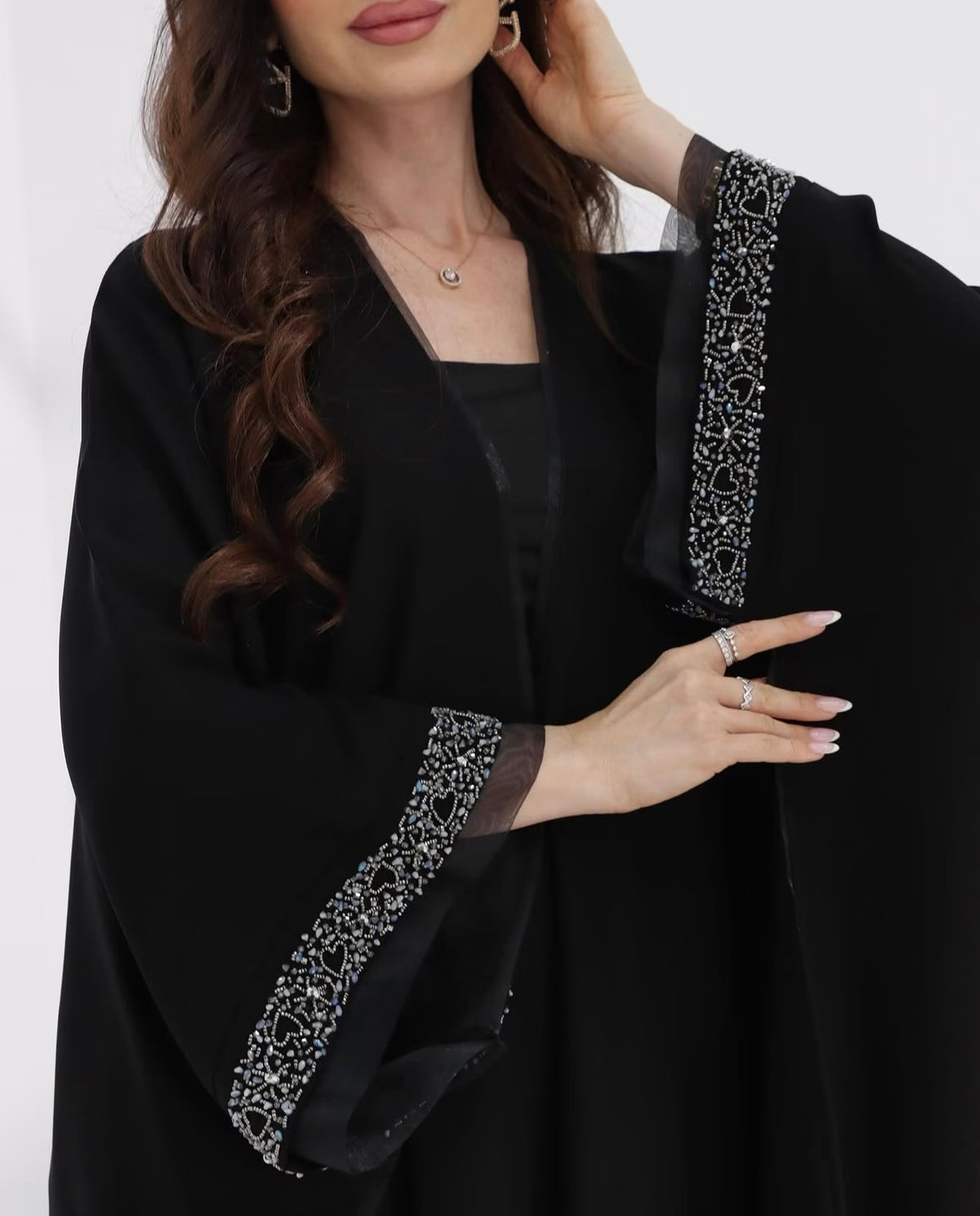 Black Beaded Border Wide-Sleeve Abaya - 0926128
