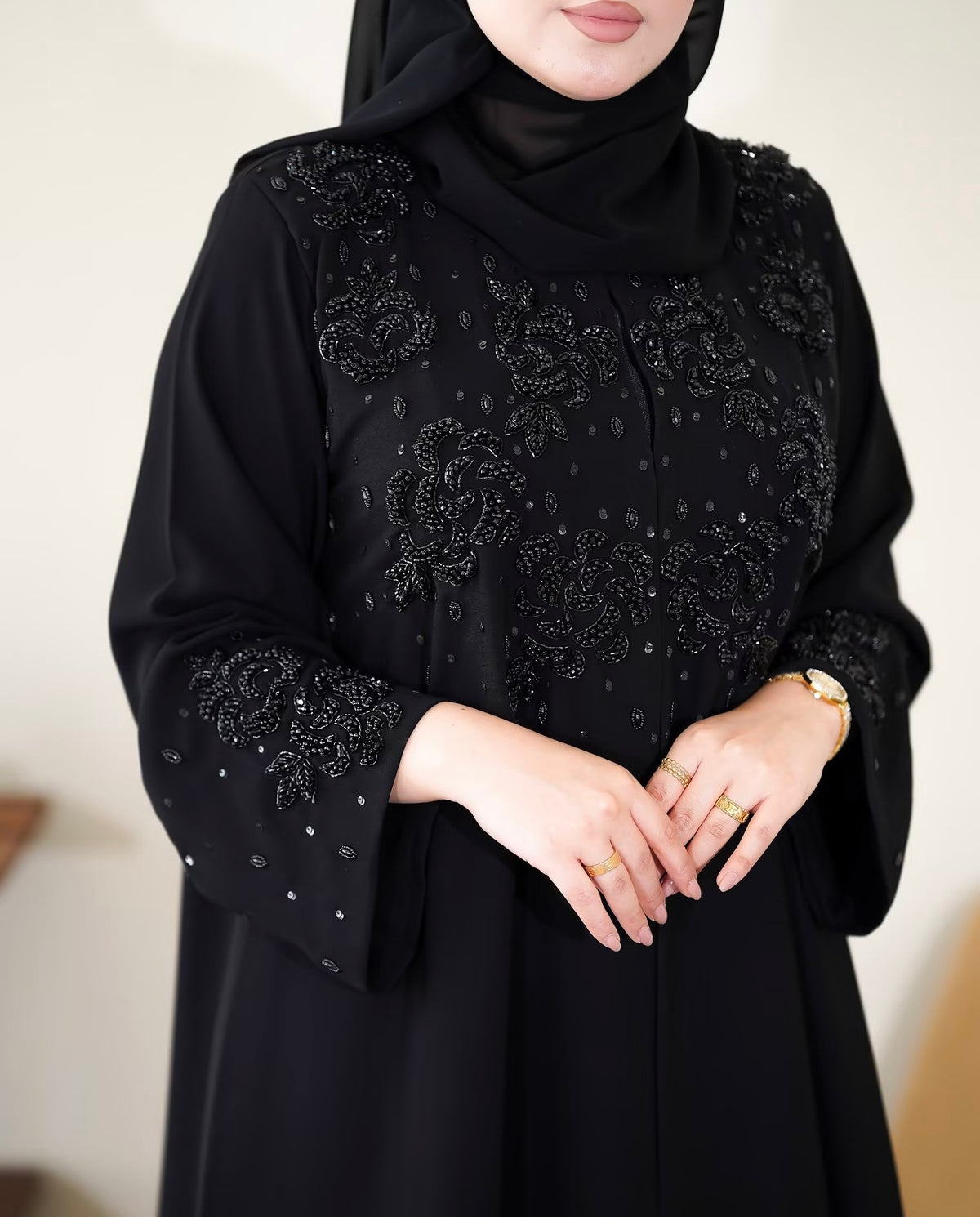 Black Floral Beaded Embellished Abaya - 0926127