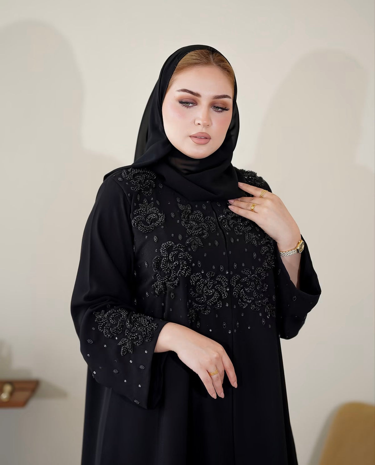 Black Floral Beaded Embellished Abaya - 0926127